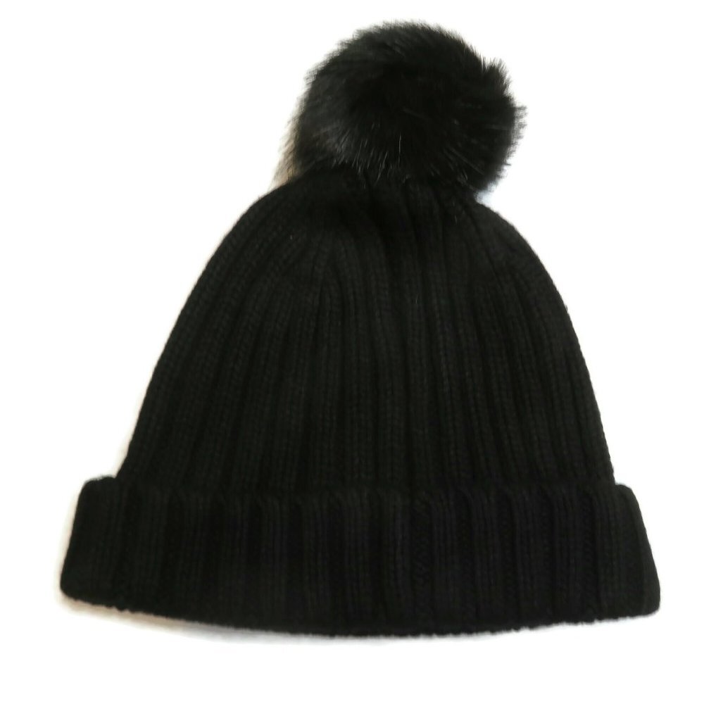 J Crew Ribbed Pom Pom Wool Blend‎ Beanie w/ Faux Fur Black New Winter Hat NWT